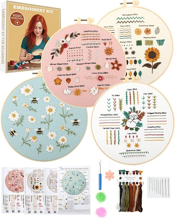 4 Pack Embroidery Kit for Beginners, Learn Stitches with Pre-Printed Patterns, Step-by-Step Guide & Video Tutorials, 7.8" Hoop, Threads & Needles, DIY Needlework Craft Set for Adults, Gift for Women