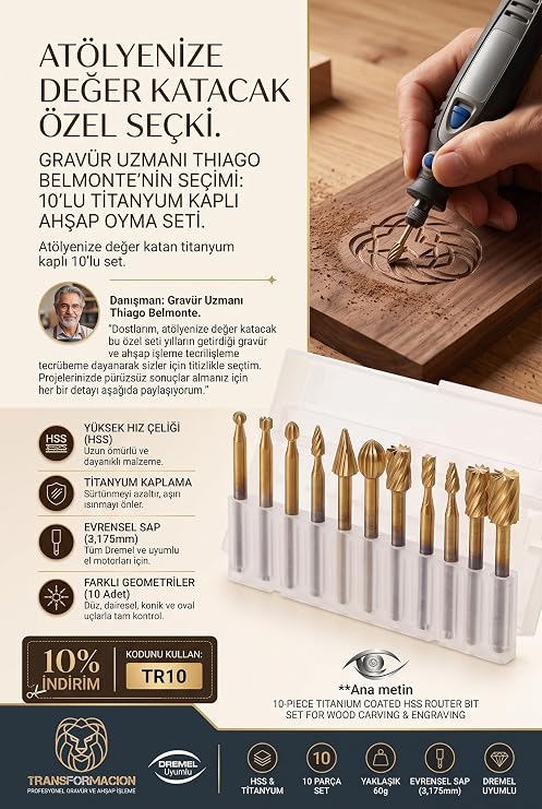 Transformacion 10 Parça Titanyum Kaplı HSS Ahşap Oyma Freze Ucu Seti Dremel Uyumlu Gravür Matkap Uçları 723528