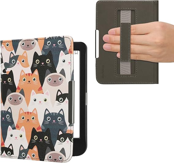 kwmobile Cover for Kobo Clara BW/Colour Case - eReader Cover with hand strap and auto sleep funktion - Cats with Orange/Black/White