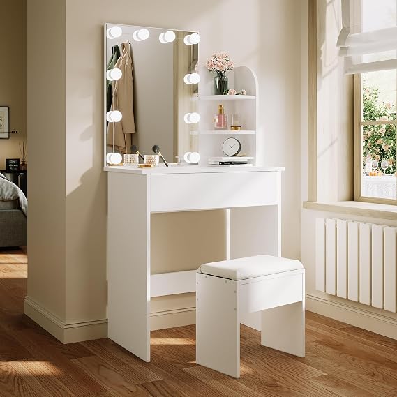 ELEGANT White Dressing Table Set with Hollywood LED Mirror, 40x70x140cm