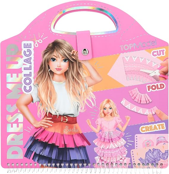 Zestaw Dress Me Up Collage Book Top Model, w kształcie torebki, z naklejkami i kolorowymi papierami.