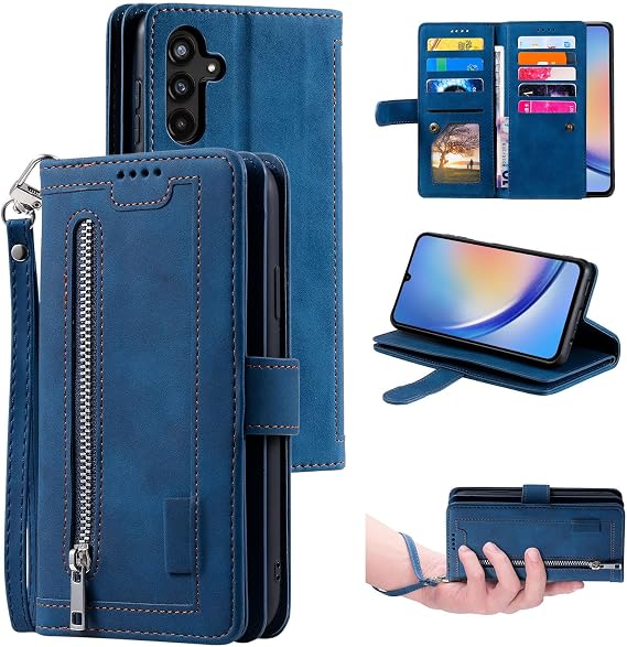 UEEBAI Case for Samsung Galaxy A57 5G Vintage Zip Mobile Phone Case PU Leather Flip Case Silicone Bumper with 9 Card Slots Stand Function Wallet Carrying Strap Protective Wallet Case Blue