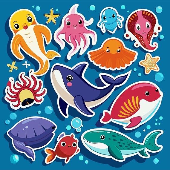 Ocean Friends Sevimli Deniz Canlıları Çocuk Odası Duvar Çıkartmaları, Renkli Deniz Hayvanları Temalı, Dekoratif Çıkartma Seti