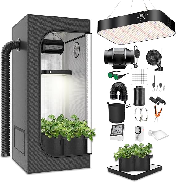 Grow Tent Complete Set Grow Tent Kit 120x120x200cm (47x47x78in) with 200W LED Full Spectrum Grow Lamp Dimmable, Complete Hydroponics