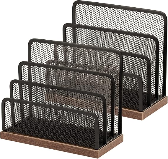Wooden Desk Mail Organizer, Desktop File Organizer Metal Mesh with 3 Vertical Upright Compartments, Mail Sorter Letter Organizer Rack for Letters, Postcards, Brochures, Mail Holder (2 Pcs Black)