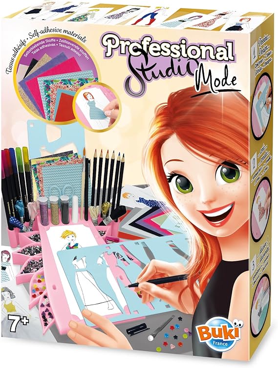 BUKI Fashion Designer Kit for Girls – Create & Design Outfits with Self-Adhesive Fabric, Glitter, Feathers, Felt, Ribbons, Felt-Tips, Pencils, Scissors & Stencils – 14 Designs – Ages 7+
