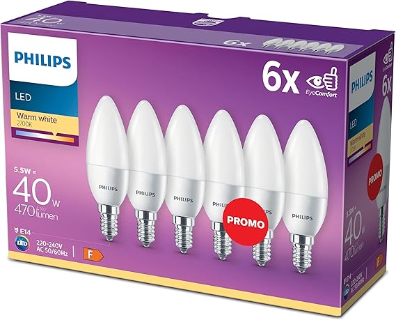 PHILIPS LED E14 Candle Light Bulbs, 4.9 W (40 W) - Warm White, Pack of 6