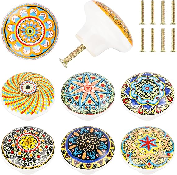 Pack of 8 Ceramic Knobs Furniture Knobs Bohemian Style Cabinet Knobs 39mm Round Drawer Knobs Door Knobs with Different Patterns for Dresser Drawer Cupboard