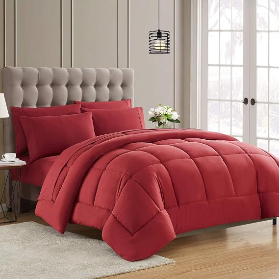 Down Alternative Comforter All Season Sıcak Lüks Pelüş Loft Mikrofiber Dolgulu Yorgan İç Yatak Takımı, Kraliçe, Şarap Rengi