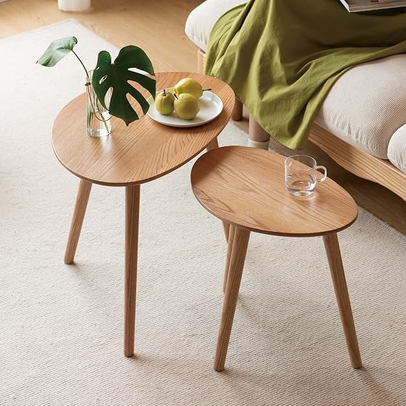 Solid Wood Nesting Table, Modern Oval Coffee Table and Side Table, Pebble Shape Living Room Table Set with Stable Triangle Base for Living Room, Bedroom, Balcony or Office (Oak, Natural Wood Tone)