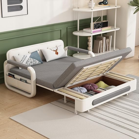 Multifunctional Storage Sofa Bed, Grey Fabric with Metal Frame, 128/158 cm Wide, Convertible Design with Foam & Latex Mattress, for Small Spaces, Living Room, Flat/Apartment(128cm)