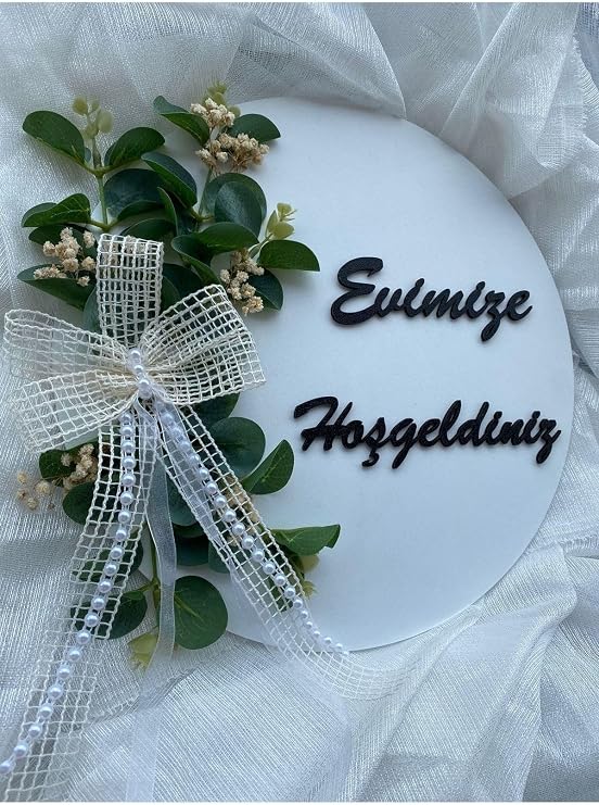 Kapı Süsü Evimize Hoşgeldiniz Ahşap Okaliptus Yaprağı Beyaz Hediyelik 23-1 Beyaz