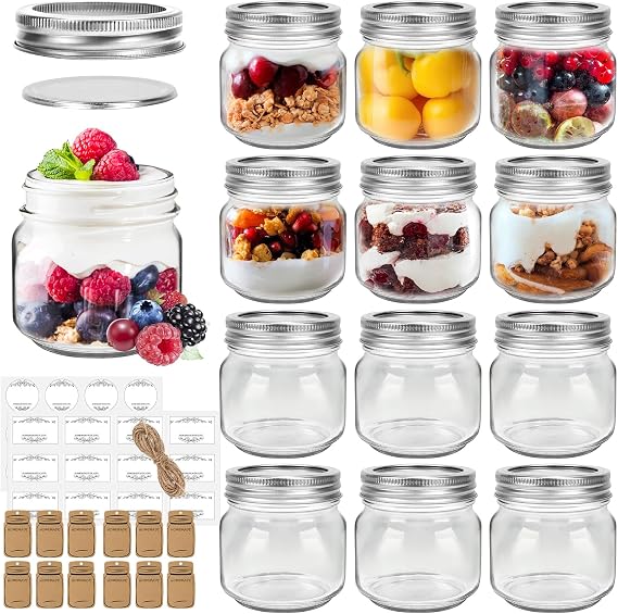Mason Jars 240ml with Regular Lids, 12 Pack 8 Oz Glass Canning Jar With Labels Tags, Mini Oats Jars for Jam Jelly Spice Honey Herbs, Wedding Shower Favors Glass Food Storage Candle Jars