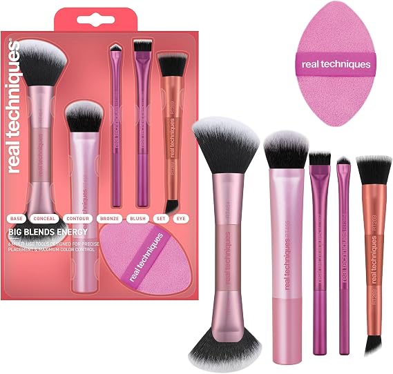 Real Techniques Big Blends Energy Brush + Dual-Sided Puff, Set of 6