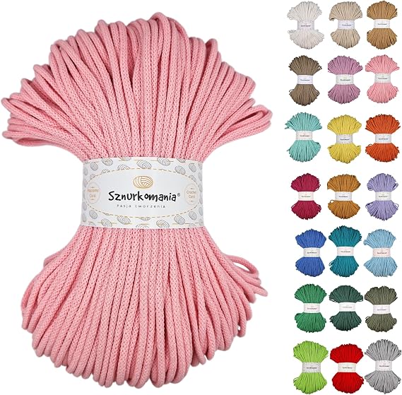 Braided Cotton Cord 5 mm 100 m, 46 Colours, Crochet Cord, Macrame Cord, Macrame Yarn, Premium Yarn, Macrame Rope, Sznurkomania (Powder Pink)