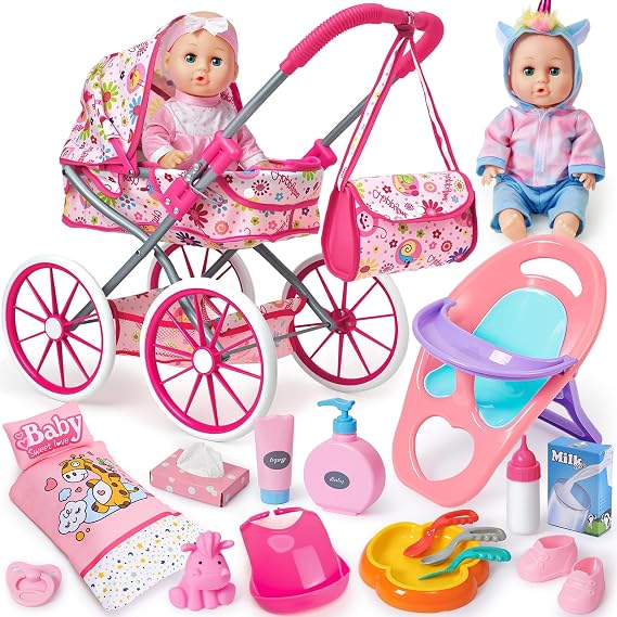 vamei Doll Accessories for Baby Doll Doll Accessories with Baby Doll & Doll Pram & High Chair & Doll Clothes Feeding and Care Set Roll Play Toy Gift Girls Children 2 3 4 5 6 Years