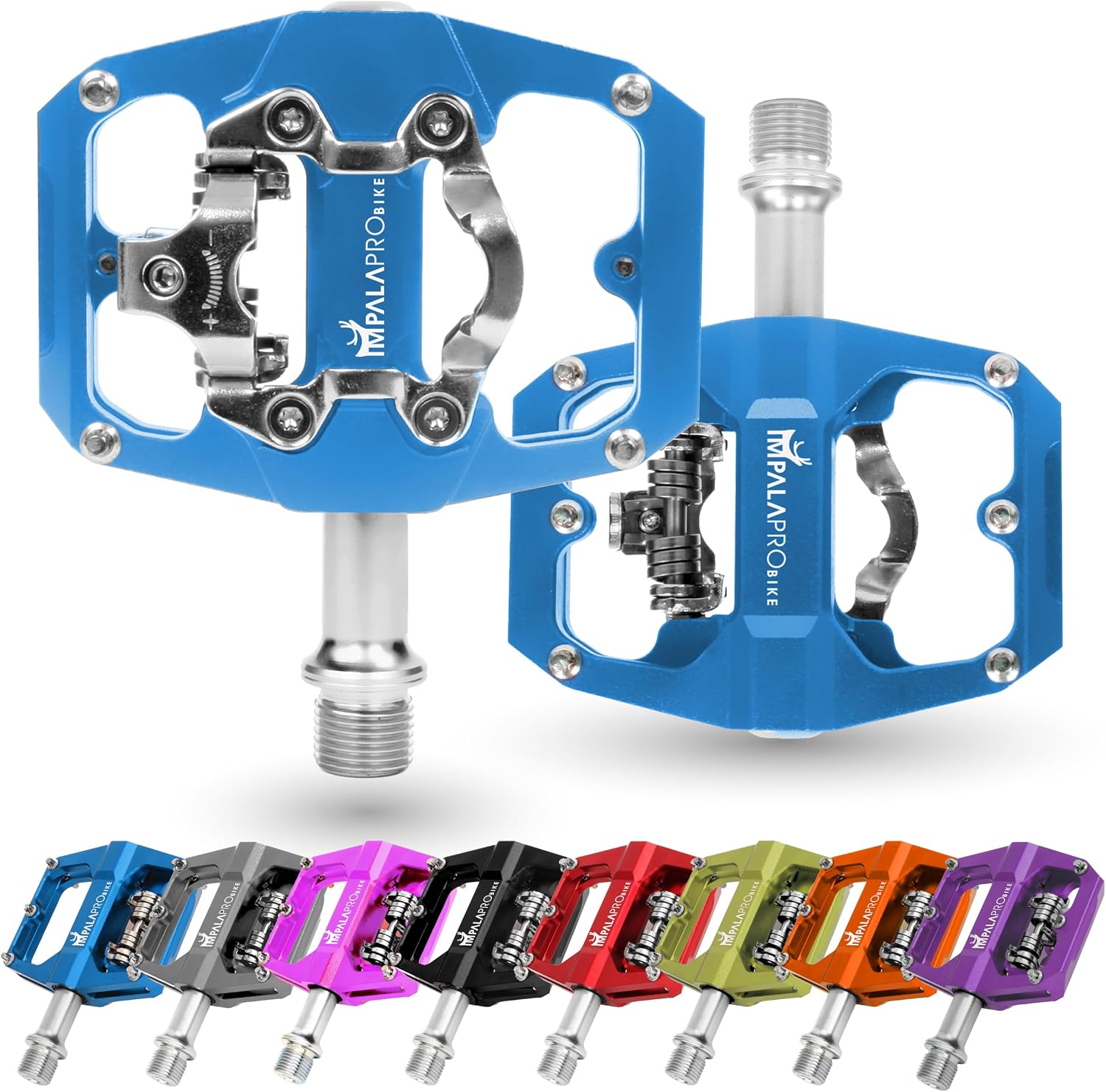 IMPALAPRO - Dual Function Bicycle Flat Pedals and SPD Pedals 9/16'' Compatible with Shimano SPD Pedals - Dual Platform MTB Flat Pedals and SPD Clipless Pedals