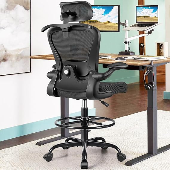 Drafting, Tall Office, and Standing Desk Chair with 3D Lumbar & Head Support, Ergonomic Mesh Design, Comfortable Extended High Desk Chair with Flip-Up Arms & Hanger, Black