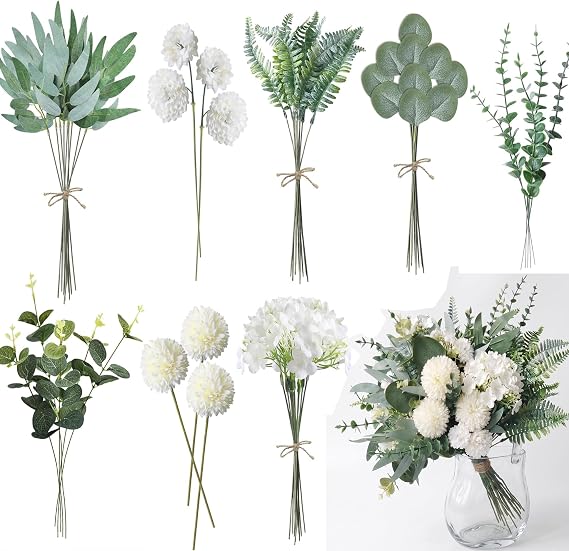55Pcs Realistic Artificial Eucalyptus Flowers Artificial Flowers with Artificial Branches for Vase Decorative Branches White Artificial Flowers Bouquet Modern Table Decor Spring Decor