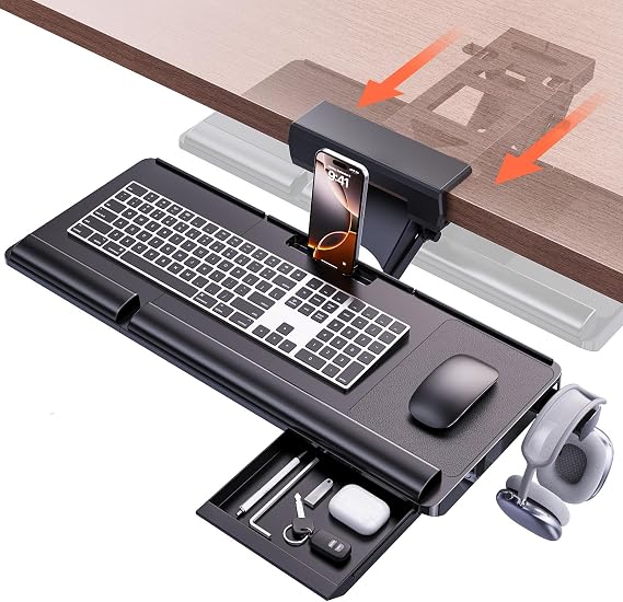 Klearlook Sliding Keyboard Tray, 3.9 inches 100 mm Stepless Height & -22° to 8° Angle Adjustment, Under-Desk Storage, Supports Full-Size Keyboards, Blank