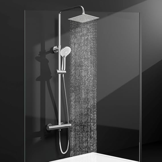 Sky Bathroom Thermostatic Bar Mixer Shower Set & System - Adjustable Height Riser Rail, 8” Rainfall Shower & 3 Modes Handheld Shower Head, Chrome Finish