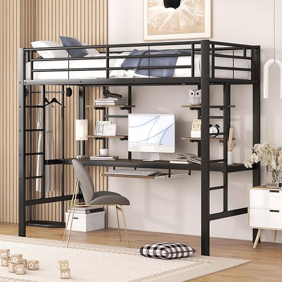 YESGIGA Metal Bed Frame Iron Bed Bunk Bed with Desk and Two Bookshelves for Children Teenagers and Adults (90 x 200 cm)