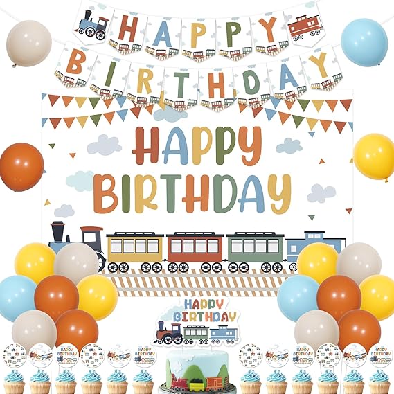 Sursurprise Train Theme Birthday Decorations, Steam Train Happy Birthday Backdrop Banner Sign, Railroad Crossing Cake Cupcake Topper Balloon for Transportation Vehicle Bday Party