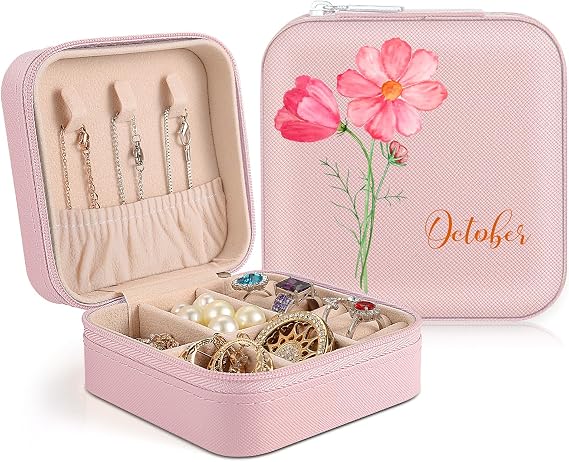 Personalized Jewellery Box for Women, Custom Travel Jewellery Box with Colorful Birth Flower and Name, Small Jewellery Organiser for Rings, Earrings, Necklaces, Personalized Gifts for Women