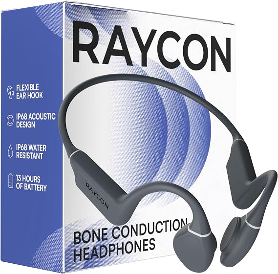 Raycon Bone Conduction Headphones, Open-Ear Bluetooth Sports Earbuds with Mic, IPX68 Water Resistant Headset for Workout and Running, 13hr Playtime, Gray