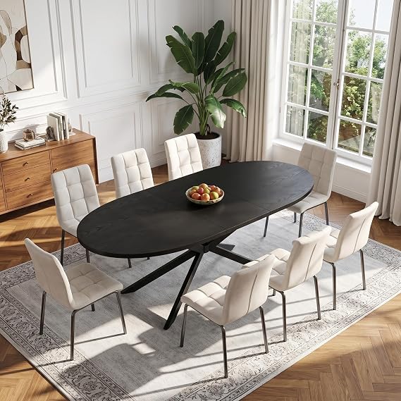 146-196 cm Oval Extendable Dining Table for 6-8 Seater with Metal Frame