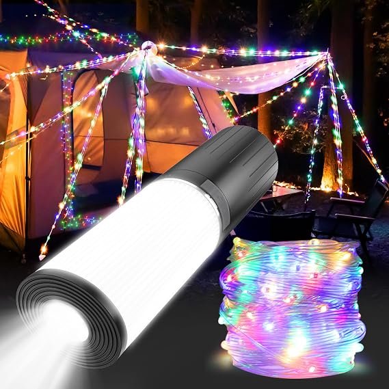 Şarj Edilebilir Kamp Fener ile 50ft Kamp Dize Işıkları 4000mAh Şarj Cihazı, IPX6 Su Geçirmez Kamp Işıkları, 9 Mod Kamp Temel, Kamp Aksesuarları, Kamp Dişlileri, RGB
