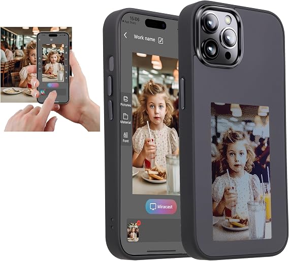 DIY E-Ink 電話ケース iphone15用 操作 スマートフォト 背面投影 カスタマイザ 電話ケース インクスクリーンに写真を即座に表示する バックカバー 携帯電話ケースをパーソナライズブラック