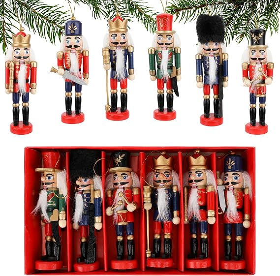 Nutcracker Christmas Decorations Wooden Soldier Nutcracker Christmas Tree Ornaments Figures, 6 PCS with Gift Box, 12cm