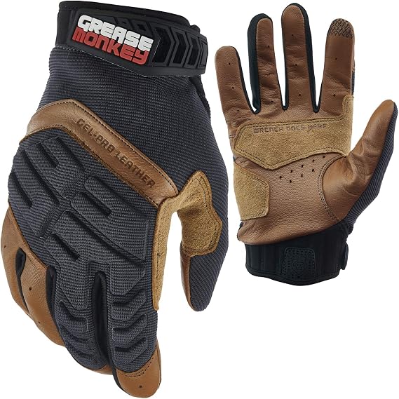GREASE MONKEY Gel-PRO Leather Hybrid Mechanic Gloves, Leather Palm Work Gloves with Gel Impact Protection & Touchscreen Capability, Medium