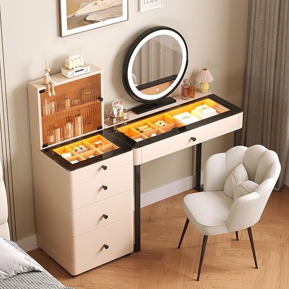 Modern Dressing Table with Mirror and Lights, Vanity Table with Drawers and Stool, Tempered Glass Display Top, Pre-Assembled Makeup Table with Reversible Cabinet for Small Bedroom