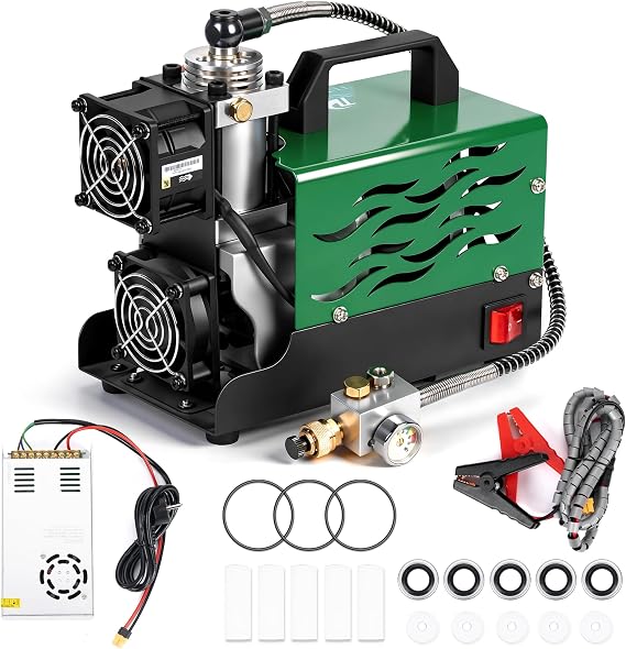 TUDIVING-Portable PCP Air Compressor | 12V DC/220V AC | Fast Inflation | Built-in Fan | Water&Oil Free | Lightweight | Easy to Carry | for Paintball/Air Rifle/Scuba Tank (TXES061)