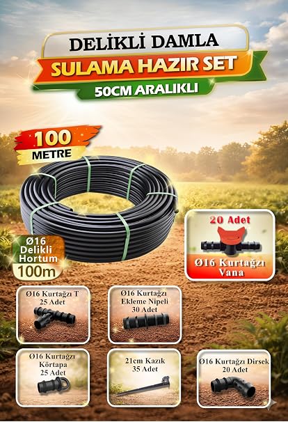Hazır Delikli Damla Sulama Seti 100m – 16mm 50cm Aralıklı, Damlatıcı Bağlantı Parçaları Dahil, Ağaç Bahçe Tarla