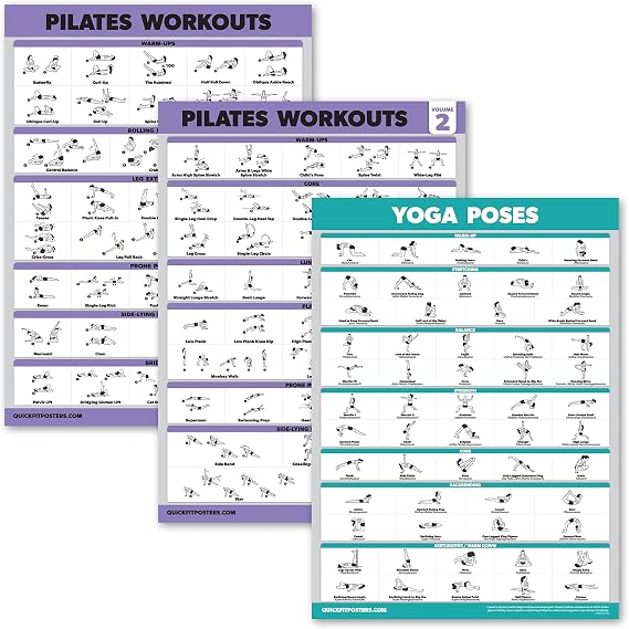 Palace Learning 3 Pack - Pilates Workout Posters Volume 1 & 2 + Yoga Poses - Pilates Mat Work Exercises - Fitness Chart Set (18' x 24", LAMINATED)