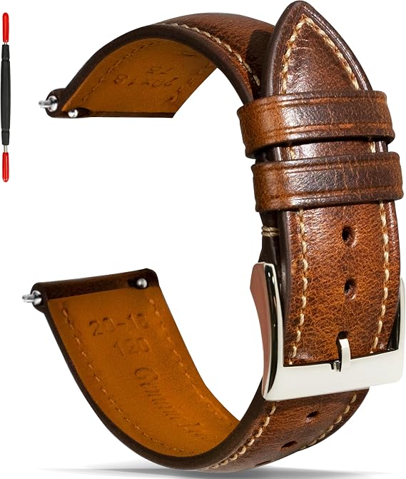 Leather Watch Strap with Quick Release, Vintage, Oil-Tanned Replacement Leather Strap for Men and Women, 16 mm, 18 mm, 19 mm, 20 mm, 21 mm, 22 mm, 24 mm