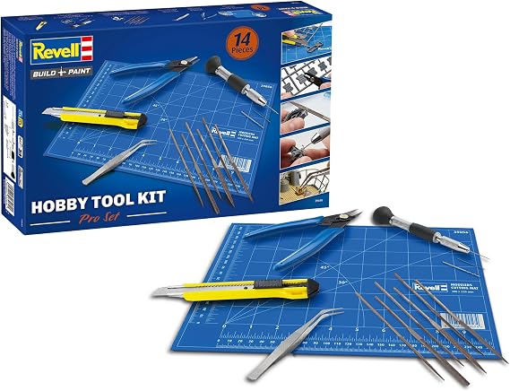 Revell Hobby Tool Kit Pro - with Essential Model and Hobby Tools - Side Cutter, Precision Knife, Tweezer, 6 Needle Files, Hand Drill, 3 Drill Bits and Cutting Matt 30x32cm