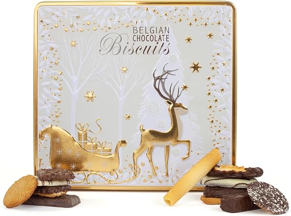 Belgian Biscuits Tin - Christmas Biscuit Tins, Gift Set with Belgian Chocolate Biscuits Selection, Novelty Christmas Biscuit Box - Festive Tins of Chocolates Gifts for Women & Men