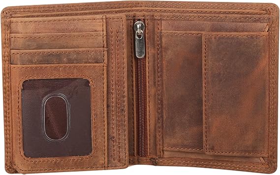 STARHIDE Wallets Mens RFID Blocking Real Distrssed Hunter Leather Gents Wallet with 2 ID Windows, Zip and Coin Pocket Trifold Vertical Wallet Gift Boxed 1070 (Brown)