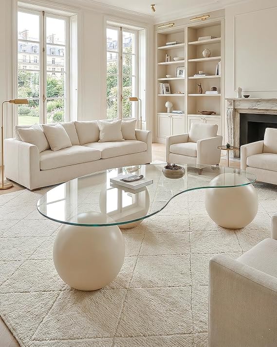 Modern Coffee Table & Globe Coffee Table & Top Coffee Table & Transparent Beans Glass & Cream Top