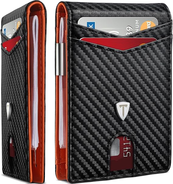Wallet - Mens Wallets RFID Blocking Carbon Fiber, 12 Credit Card Holder with Money Clip, ID Window, Slim Wallets for Men UK, Bifold with Gift Box - Orange & Black (Orange & Black)