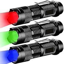 3 Pack Red Green Blue Light Bright Small Flashlights, LED Mini Flashlight High Lumens Pen Light with Zoomable Torch, 3 Modes, Clip, for Camping, Outdoor, Emergency