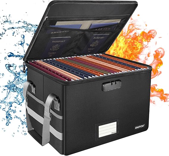 ENGPOW Black Fireproof & Water-Resistant File Box with Lock, Anti-Static & Reflective Strip Design, Portable & Secure, Fits Letter & Legal Size Files, 15.55" x 12.2" x 10", 33L Capacity