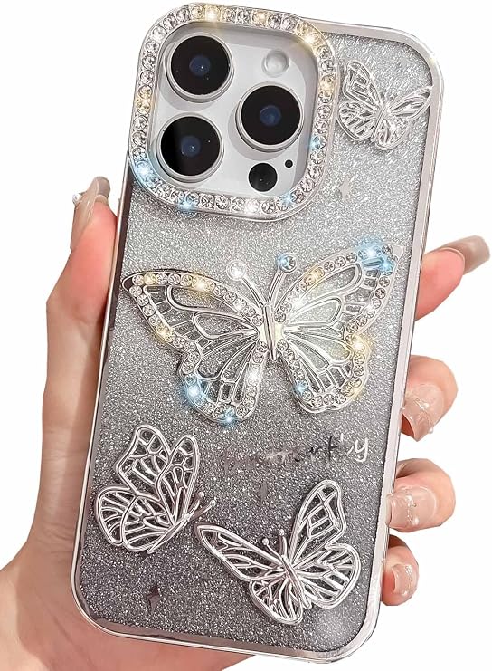 ガーリー iPhone 14 Pro Max 用 キラキラ 3D グリッター バタフライ ケースシルバー