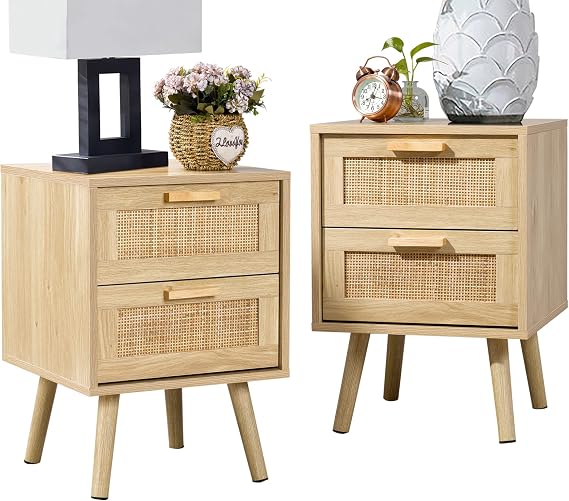 Finnhomy Bedside Tables Set of 2, Side Table with 2 Hand Made Rattan Decorated Drawers, Night Stand Set 2, Wood Nigntstand, End Table with Storage for Bedroom, Natural, 2 Pack