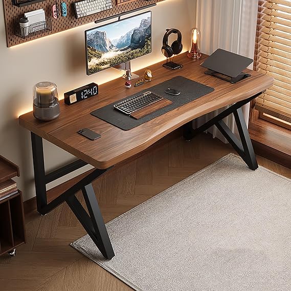 Solid Wood Computer Desk Modern Simple Home Office Desk Farmhouse Style Executive Workstation PC Table Gaming Table with Metal Frame for Studying, Writing, Dining 47", Light Walnut