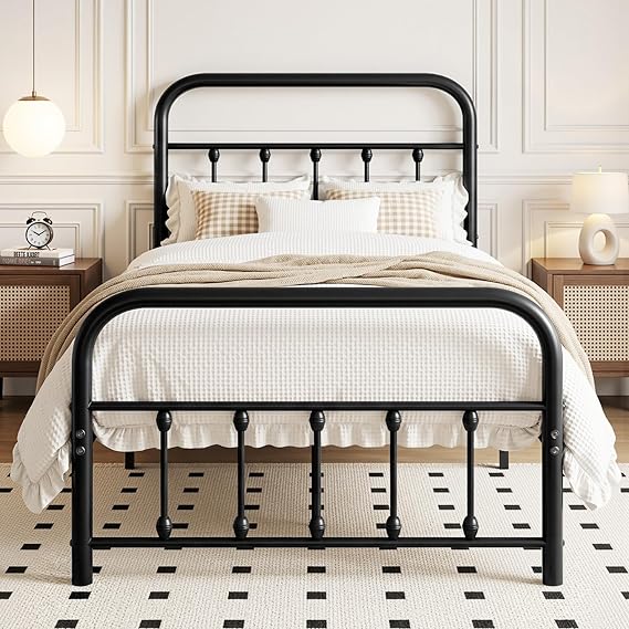 VECELO Single Metal Bed Frame with High Vintage Headboard, 90 x 200 cm Platform, Steel Slat Support, Underbed Storage, Easy Assembly, Black